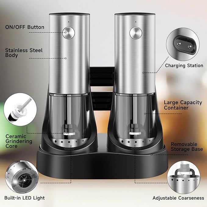 Electric Salt and Pepper Grinder Set, Rechargeable Salt and Pepper Shaker with LED light and Charging Base, Automatic Salt Pepper Mill Grinders with 6 Adjustable Coarseness, One-Hand Operation