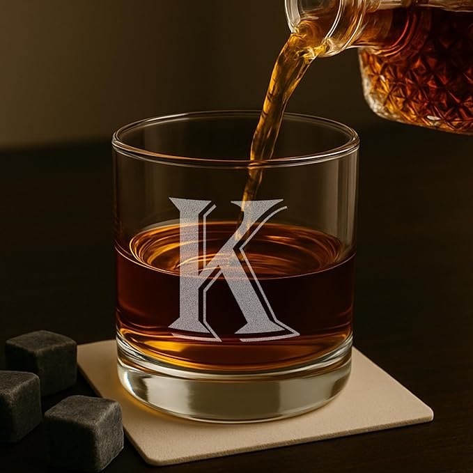 On The Rox Drinks (K-Monogram)- 4 Piece Set of 11 Ounce Engraved Heavy Base Rocks Whiskey Glasses Elegant Glass-Bourbon Multi-Purpose Beverage-Rocks Glass- Gift for any Occasion