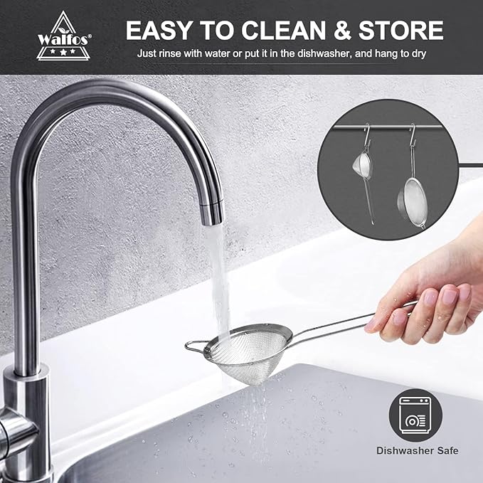 Walfos Fine Mesh Strainer 4PCS, Versatile Kitchen Strainer with Handle - 7", 5", 3.3", 2.8" Sieve Fine Mesh Stainless Steel, Metal Strainers and Sifters for Rice, Quinoa, Tea, Cocktail, Pasta, Juice