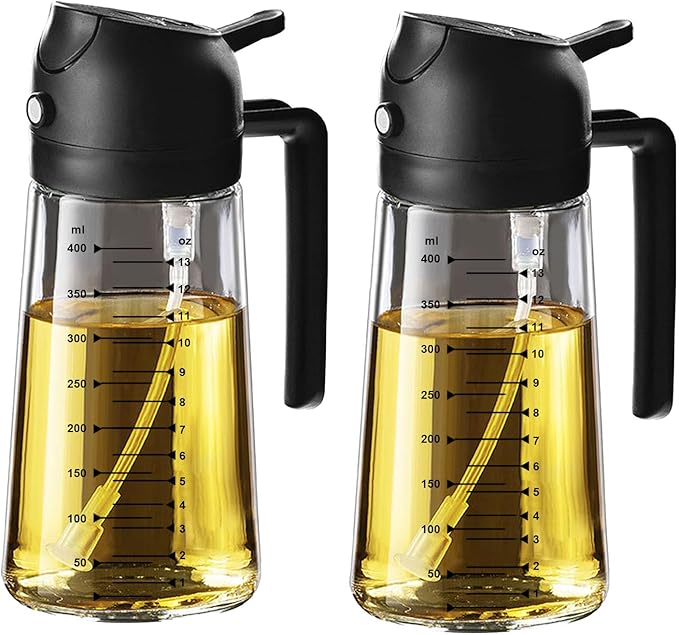 TrendPlain 16oz/470ml Glass Olive Oil Sprayer for Cooking – 2 in 1 Olive Oil Dispenser Bottle for Kitchen Gadgets and Air Fryer Accessories, Salad, BBQ - 2 Black