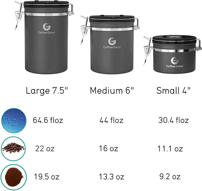 Coffee Gator Coffee Canister, Airtight 16oz Stainless Steel and 4oz Borosilicate Glass Jar Travel Kitchen Food Storage Container with Date Tracker, Scoop for Grounds, Beans, Sugar, Tea, Cookies