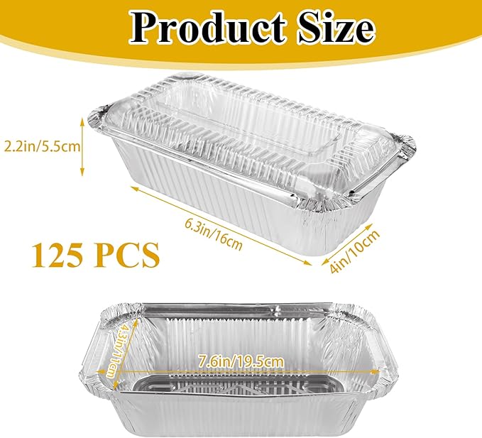 STARVAST 125 PCS Aluminum Pans 7.9 x 4.3 inch Disposable Loaf Pans With Clear Lids, 1.5lb Food Storage Containers Tin Pan for Individual Bread, Cake, Street Treats