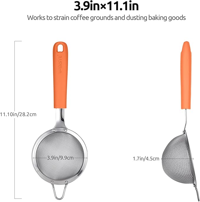 18/8 Stainless Steel Mesh Strainer: U-Taste 3.9 Inch Kitchen Fine Mesh Sieve Food Colander with Riveted Sturdy Silicone Handle and 30 Mesh Hole for Straining Flour, Quinoa, Tea, Juice (Orange)