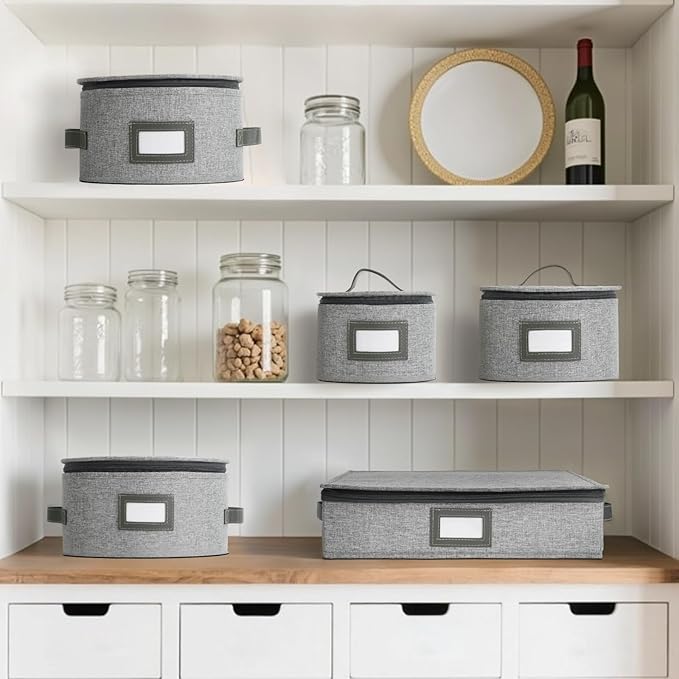 HOMELUX THEORY Plate Storage Box, 4pc Light Gray Hard Shell China Storage Containers with 48 Felt Pads, Kitchen Storage Bins With Lids, Moving Box with Handles for Dishes, Dinner Plate & Platter