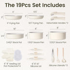 Chef Power Ceramic Nonstick Pots and Pans Set 19 Piece with Detachable Handle, Induction Dishwasher Oven Safe Cookware Set, RV Kitchen Set Removable Handle, Granite Grey and White