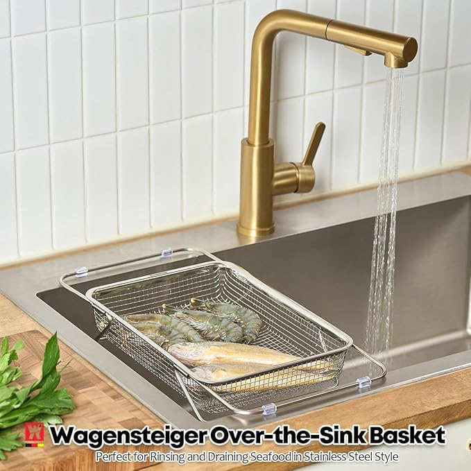 Extendable Dish Rack with Feet, Vegetable Colander Basket, Stainless Steel Dish or Silverware Drying Rack, Ultimate Kitchen Organizer Over The Sink (11.81 x 8.27 x 2.76 Inches)