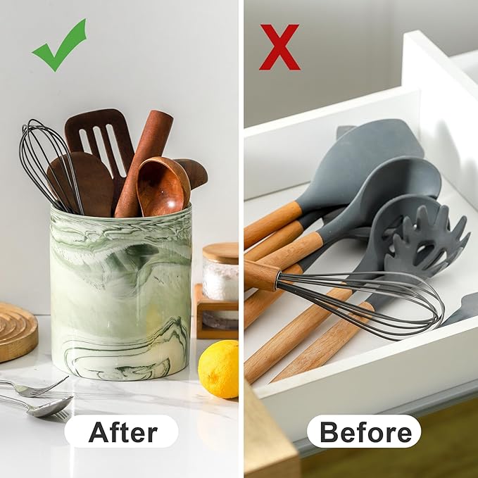 7.2 inch Large Utensil Holder for Kitchen Counter, Marble Utensil Crock Spatula Holder for Countertop Cooking Tools Storage Caddy Farmhouse Kitchen Decor (Marble-Green)