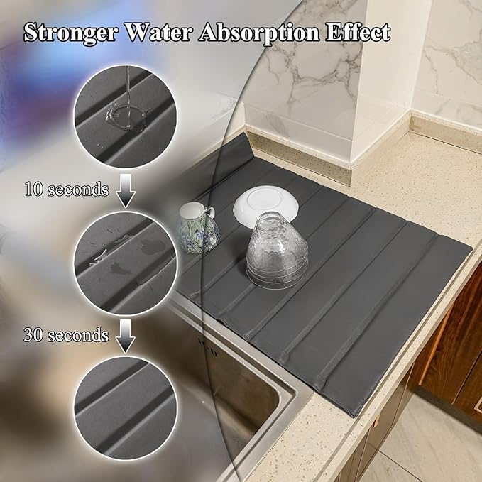 New Stone Drying Mat For Kitchen Counter, 25"(L)×16"(W) - Stone Dish Drying With Faux Leather Case, Foldable & Removable, Super Absorbent, Dish Drying Mat For Dishes, Utensils