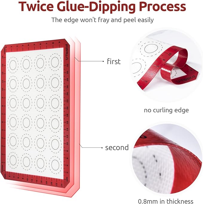 446ºF Heat Resistant Macaron Mat: U-Taste 14.17x9.44in Non Stick Silicone Baking Mat, Reusable Cookies Pastry Sheet Liner with Edge Enhancement & Circle Measurement for Cake Pan (Red)