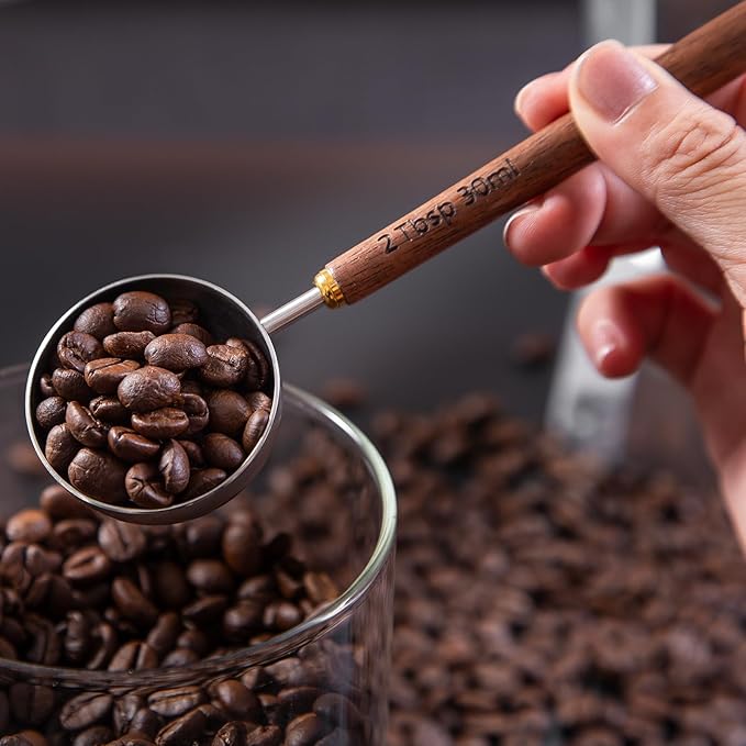 Wooden Scoops for Tea 2PCS Long Handle Coffee Scoop for Sugar (15ml 1 Tbsp + 30ml 2 Tbsp) Wood and Stainless Steel Measuring Scoop for Coffee, Wood Scoops for Seasoning Small Scoop Multipurpose