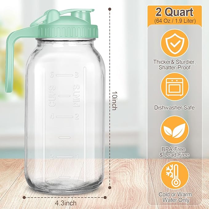 Mason Jar Pitcher, 64OZ Breast Milk Pitcher Double Leak Proof with Pour Spout Handle, Wide Mouth Iced Tea Pitcher for Fridge, Creamer Container for Coffee, Sun Tea juice (Green,3 Pack)