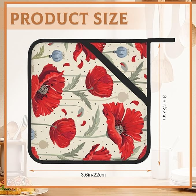 Red Poppy Flowers Pot Holders Set of 2 Heat Resistant Potholders,Fire Oven Hot Pads for Kitchen Cooking Baking Barbecue