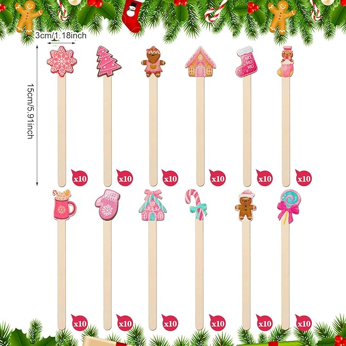 Jinei 120 Pcs Christmas Gingerbread Coffee Stir Sticks Natural Wooden Disposable Drink Stirrers for Hot Chocolate Milkshake Cocktail Restaurant Home Office