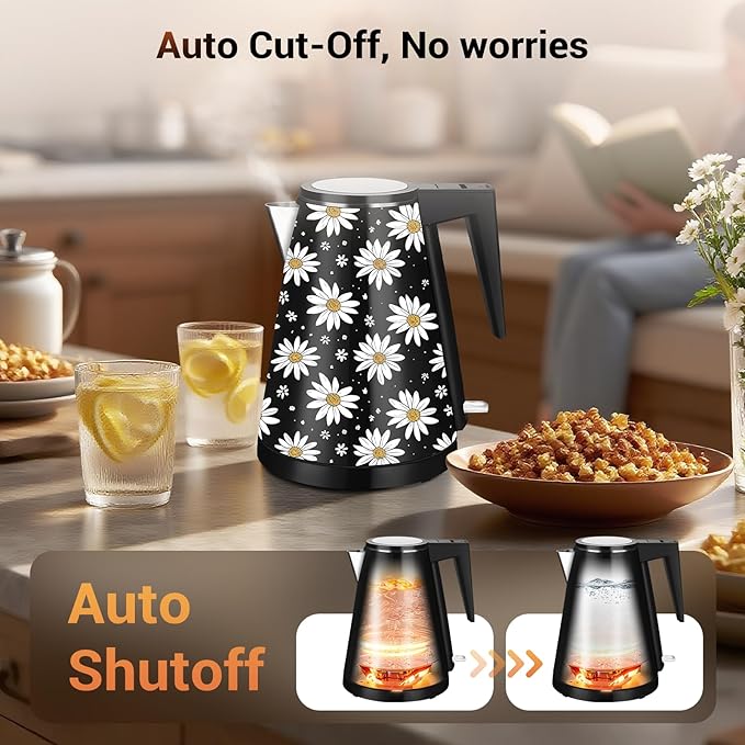 1.2L Double Wall Stainless Steel Interior Water Boiler, Cordless, 1000W Fast Boil with LED Light Coffee Pot & Tea Electric Kettle, Auto Shut-Off and Boil-Dry Protection (Big Daisy)