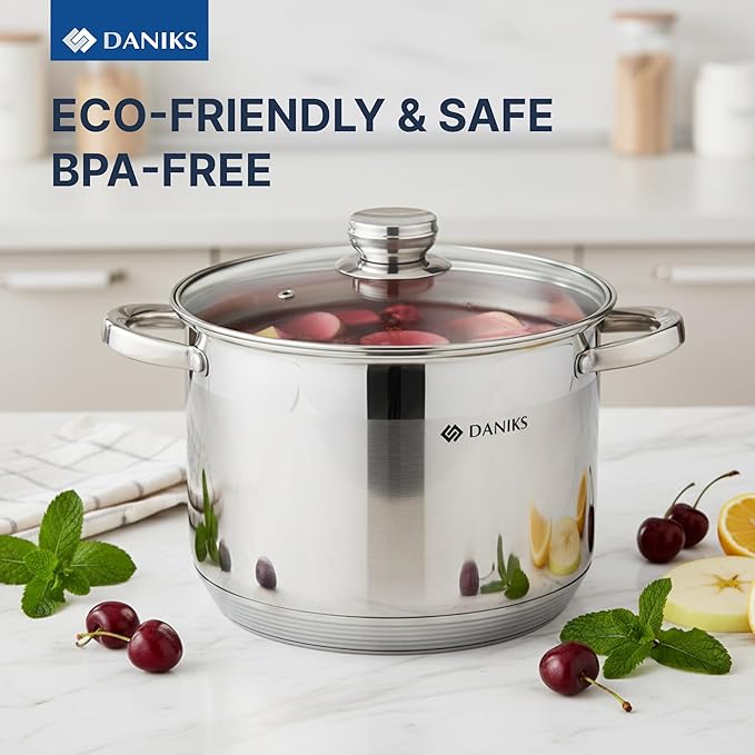 Daniks Standard 11-Piece Stainless Steel Induction Cookware Set, Saucepan, Frying Pan, Dishwasher Safe Pots, Measuring Scale, Glass Lids, For Soup, Pasta, Stew, Silver