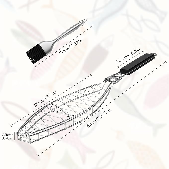 Fish Grill Basket for Grilling, Stainless Steel Basket, Non-Stick Fish Rack for Grilling with Adjustable Lock Removable Handle, Ideal for BBQ, Camping, Charcoal and Gas Grills