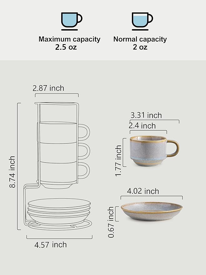 Gomakren 2.5 Ounce Espresso Cups Set of 4, Small Stackable Coffee Cups with Saucers and Metal Stand, Halloween Porcelain Demitasse Cups for Specialty Coffee Drinks, Espresso, Cappuccino, Latte, Gray
