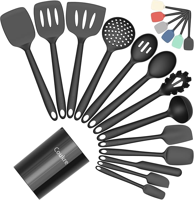 Coukre Silicone Kitchen Cooking Utensils Set with Holder – Heat-Resistant, Food-Grade Kitchen Tools, Spatula, Spoon & Gadgets for Non-Stick Pans, Dishwasher Safe (14, Black)