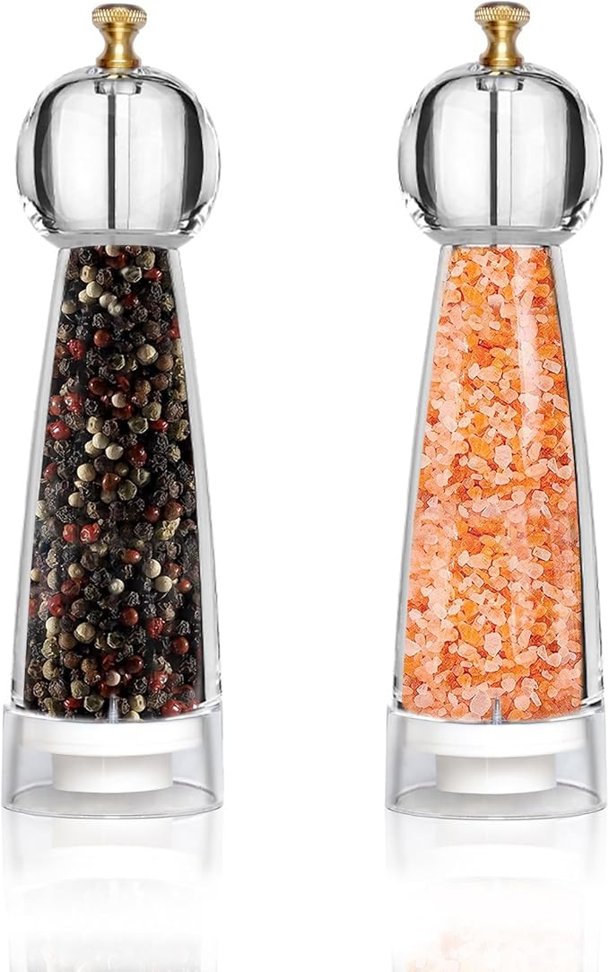 Pepper Grinder Set & Pepper Mills，Classic Manual Transparent Acrylic Rotor，2PCS 8IN High Capacity Pepper & Salt Grinder Seasoning Bottle，Ceramic Core With Adjustable Grain Size Mill for Fresh Spices