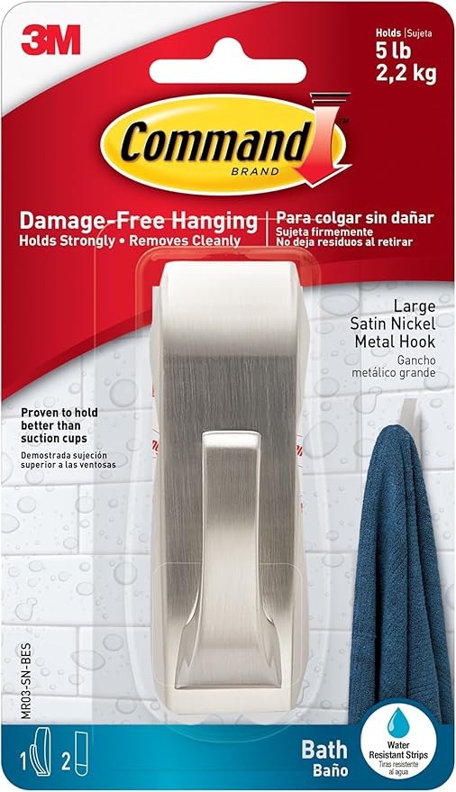 Command Modern Reflections Large Metal Bath Hook, Satin Nickel, 1-Hook with Water-Resistant Strips, Organize Damage-Free