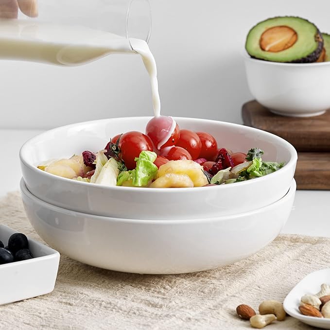 DOWAN Pasta Bowls 47 oz, Large Salad Bowls 2.5" Deep Soup Bowls, Porcelain Serving Bowls Set of 4, Big Kitchen Dinner Bowl Plates Pasta Plates, Microwave & Dishwasher Safe, Creamy White
