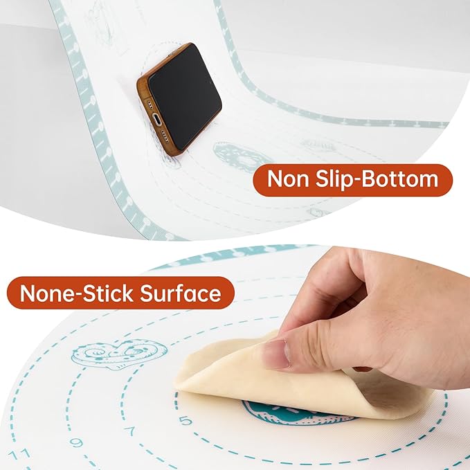 Non Stick Pastry Mat with 10 Quick Recipes, Silicone Dough Mat for Rolling, Silicone Mat for Baking Macaron, Cookie, Bread, Pizza,Surdough, Fondant Mat for Kitchen, Extra Large and Oven Safe