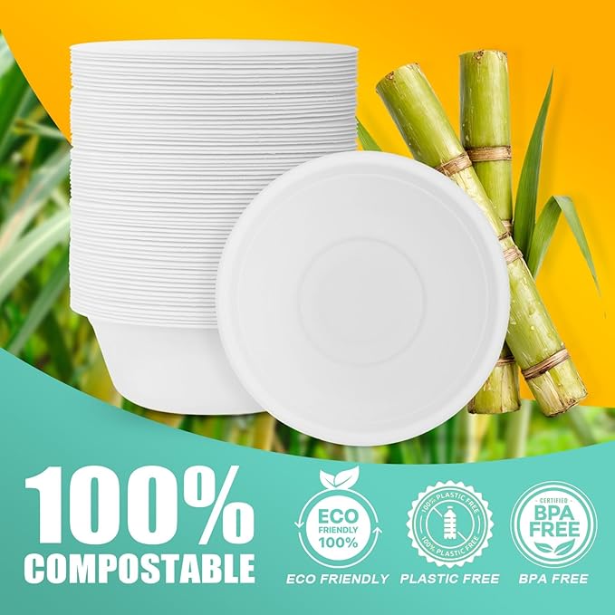 200 Count 16 oz Paper Bowls, Disposable Compostable Bowls, Heavy Duty Biodegradable Sugarcane Bagasse Bowl for Breakfast, Salad, Snacks, Fruits, Desserts, White