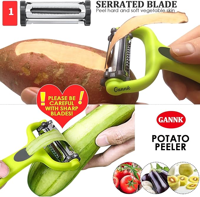 GANNK Potato Apple Vegetable Peelers for Kitchen, I and Y Peelers for Fruit Veggie Potatoes Carrot Cucumber, 3 in 1 Blade Spin Design With Julienne Function