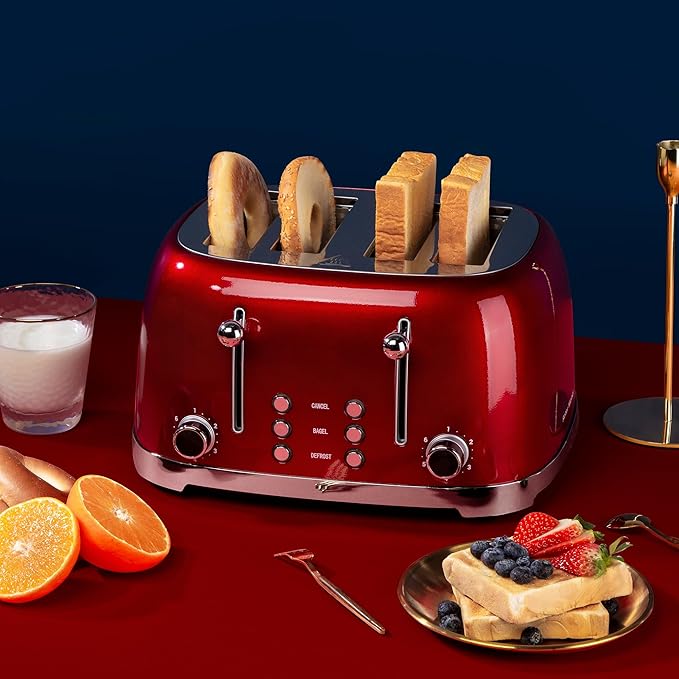 Roter Mond 4 Slice Toaster Retro Stainless Steel with Bagel Defrost Cancel Function, 6 Browning Settings, Extre Wide Slot and Removable Crumb Tray, Red, ST033