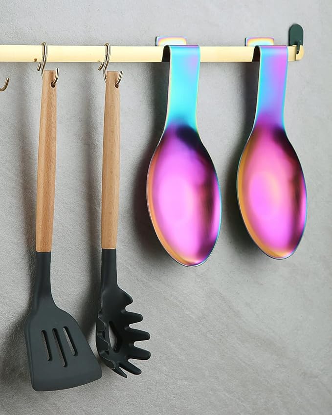 Matte Rainbow Spoon Rest, Stainless Steel Holder for Stove Top, Kitchen Utensils, Ladles, Tongs, Spatula, Pot Lid - Dishwasher Safe (2PC-9.5 Inch)