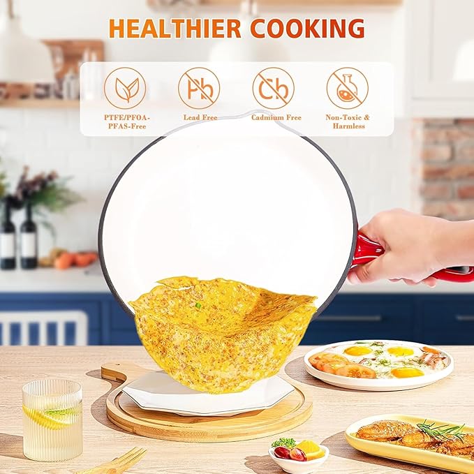 Hisencn Enameled Cast Iron Cookware Set - 7 Piece Dutch Ovens Set, Sauce Pan, Skillet, 3 Lids, Pots and Pans Set, Ceramic Coated Cast Iron, Heavy Duty, Gas/Induction Compatible, PFA Free, Rouge Red