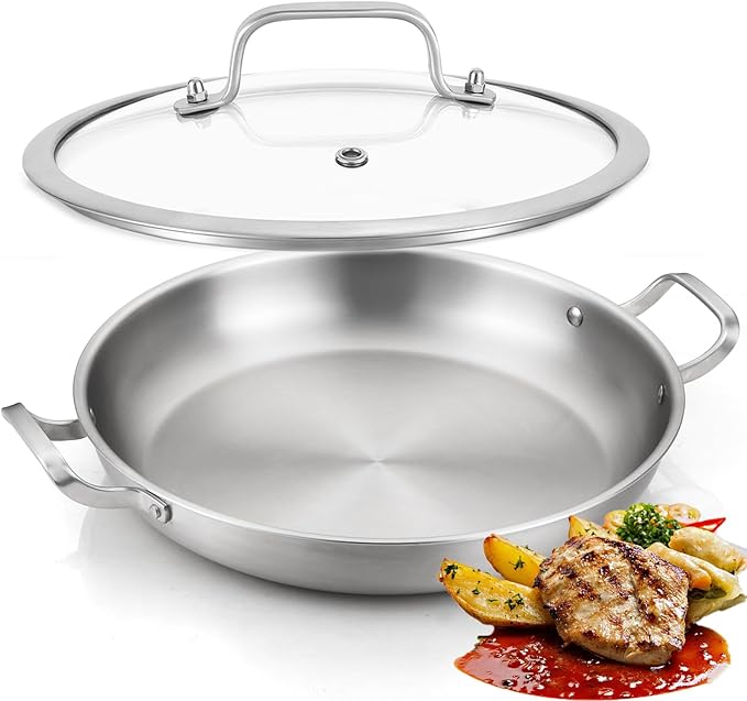 14 Inch Paella Pan with Lid - Premium Stainless Steel Paellera | Large Everyday Frying Pan & Skillet for 8-10 Personas