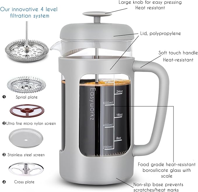 Easyworkz French Press 34 oz Coffee Tea Maker with Borosilicate Glass,Soft Grip Handle,Light Grey