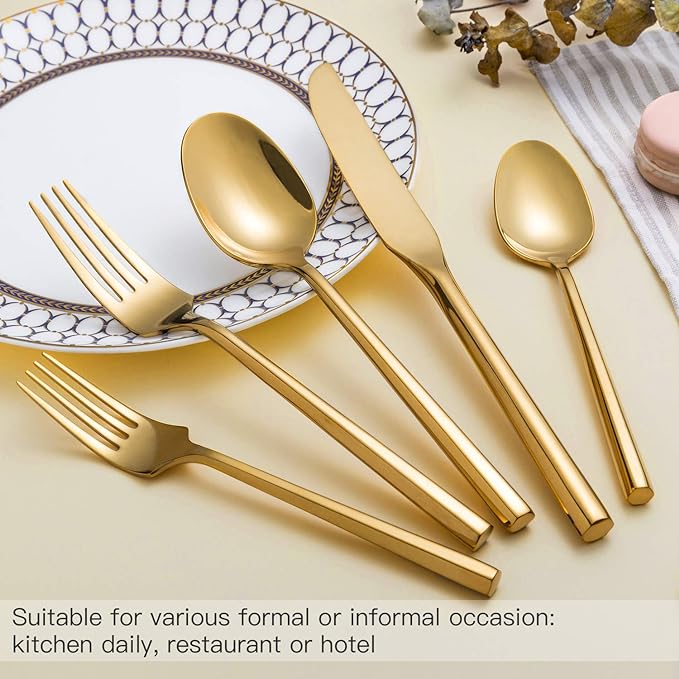 Gold Silverware Set Flatware Set Stainless Steel Cutlery Set Hexagon Handle Home Kitchen Daily Use 30 Pieces Service for 6