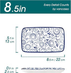 vancasso Selene 8.5 Inch Rectangular Salad Plates Set of 6, Ceramic Salad Plates for Sushi, Dessert, Appetizer, Porcelain Platters for Kitchen Decor, Microwave & Oven Safe, Vintage Blue & White Color