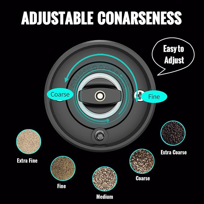 Electric Pepper Grinder or Salt Mill, Battery Operated Automatic Pepper Mill with LED Light, One-handed Operation Button Control, Adjustable Coarseness, Refillable, 70ml, Black (1 Pack)