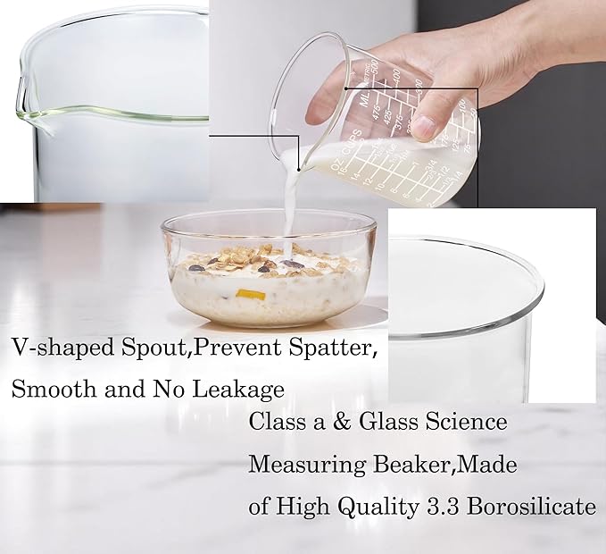 Ackers Etched Graduated Glass Measuring Cup -V-Shaped Spout -High Borosilicate Glass Measuring Cup for Kitchen or Dining, Easy to Read, 500 ML (16 Oz, 2 Cup)