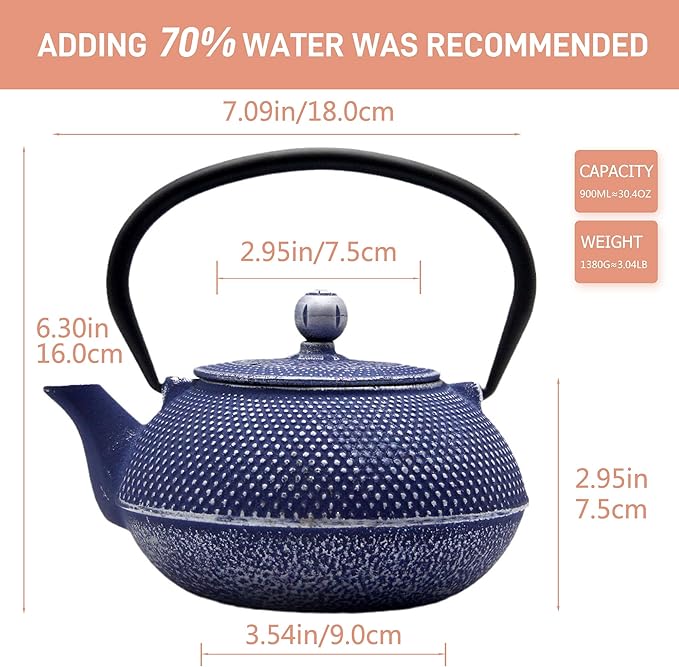 Cast Iron Teapot Tea Kettle with Stainless Steel Infuser for Stovetop Safe Coated with Enameled Interior Japanese Dark Blue Tetsubin for Loose Tea(30.4oz/900ml)