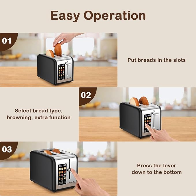 Mecity 2 Slice Touch Screen Toaster, 1.5" Wide Slot, Stainless Steel Smart Toaster for Bagels, Muffins, Waffles, Gluten-Free Breads, Defrost, Reheat, Timer, 120V 825W, Matt Black
