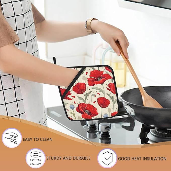 Red Poppy Flowers Pot Holders Set of 2 Heat Resistant Potholders,Fire Oven Hot Pads for Kitchen Cooking Baking Barbecue