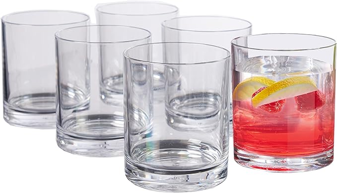US Acrylic Classic Clear Plastic Reusable Drinking Glasses (Set of 6) 12oz Rocks Cups | BPA-Free Tumblers, Made in USA | Top-Rack Dishwasher Safe