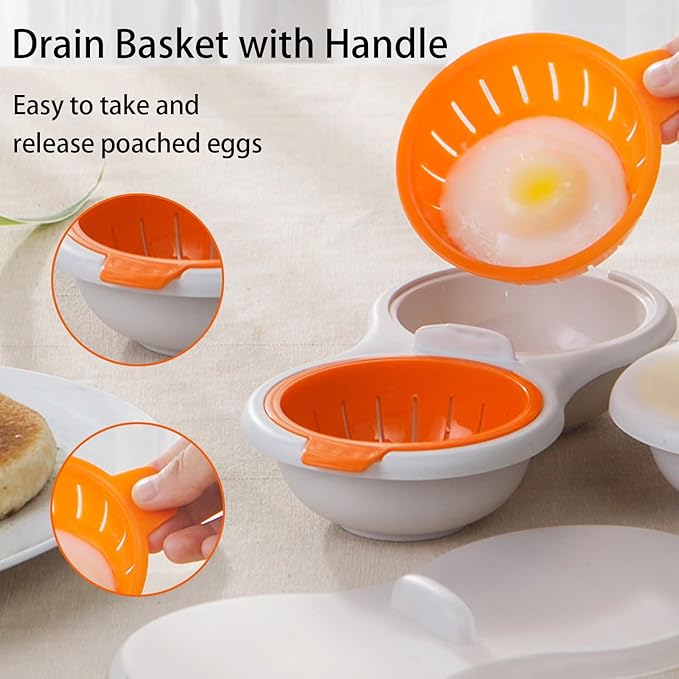 2 Cavity Microwave Egg Poacher, Microwavable Poached Egg Cooker with Lid & Handle Double Layer Microwave Egg Poacher Boiled Eggs Maker Poached Egg Cup for Breakfast with Oil Brush