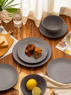 Famiware Venus Plates and Bowls Sets, 18 Pieces Stoneware Dinnerware Sets, Speckled Dishes Set for 6, Microwave and Dishwasher Safe, Matte Dark Grey