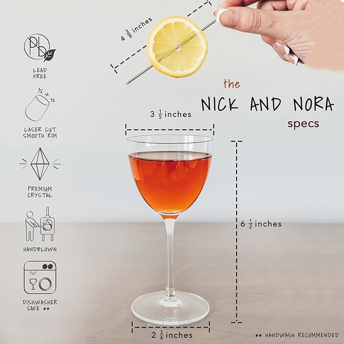 MORA Pure Nick and Nora Glasses, Set of 4-6oz - Smaller Cocktail Glass for Bijou, Old Pal, Aperitifs, Negroni, Vermouth, Wine, etc. Hand Blown Premium Crystal - Classic Bartender Mixology Glassware