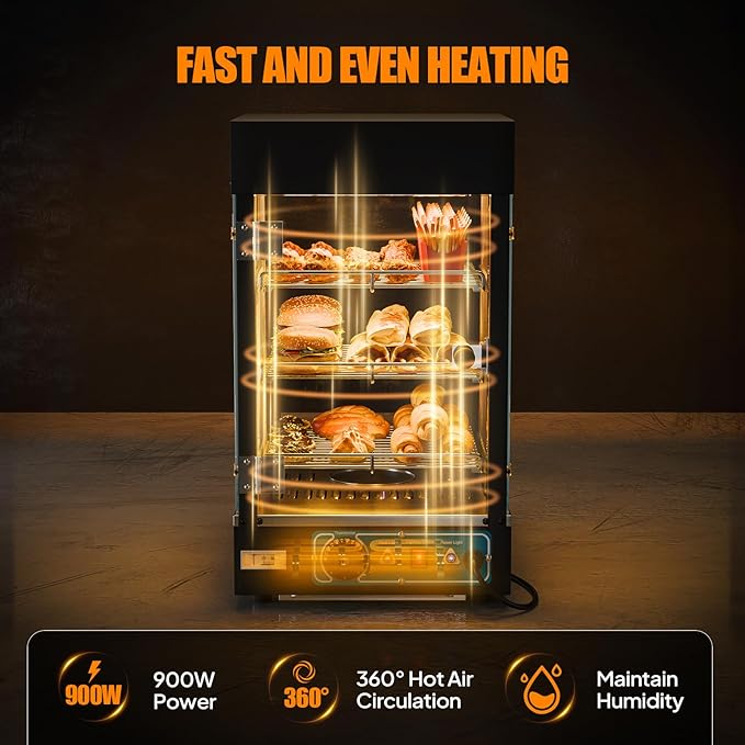 ROVSUN 15" Commercial Food Warmer Display Pizza Warmer, 3-Tier Electric Countertop Food Warmer w/LED Lighting Adjustable Removable Shelves Glass Door, Pretzel Warmer for Buffet Restaurant, 1000W