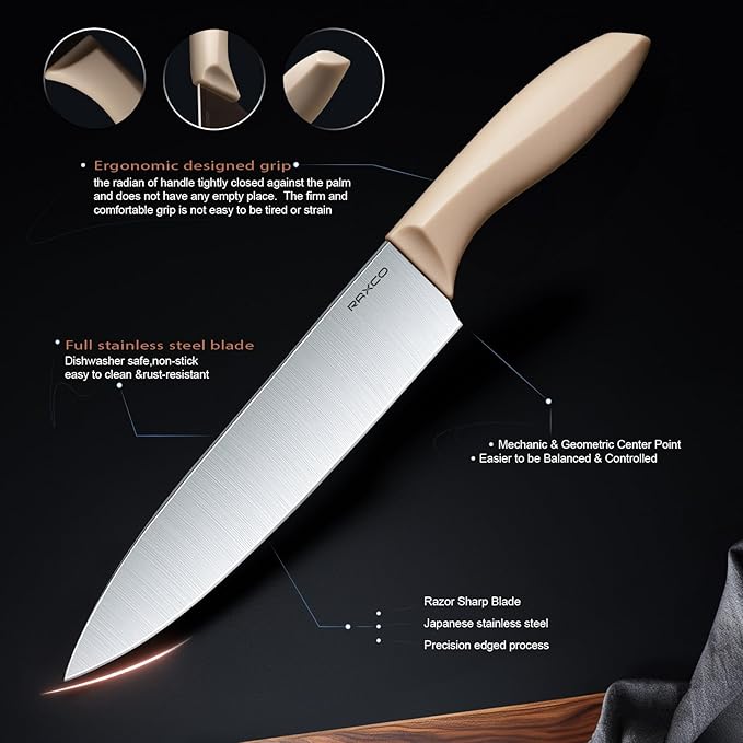 RAXCO Kitchen Set,18-Piece Silicone Cooking Utensils and Stainless Steel Chef's Knives,Khaki