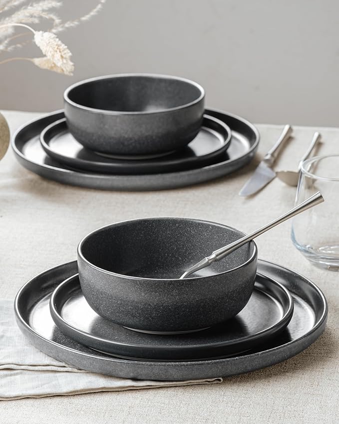 Famiware Milkyway Plates and Bowls Sets, 24 Pieces Dinnerware Sets, Reactive Glaze Dish Set, Stoneware Dishes Set for 8, Matte Dark Charcoal