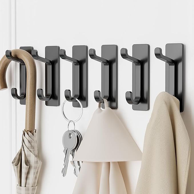 Self Adhesive Wall Hooks for Hanging: Extra Strong 13 LB, Hook for Coat, Towel in Bathrooms, Shower, Kitchen, Wall, Door Hook, Black 6 Pack