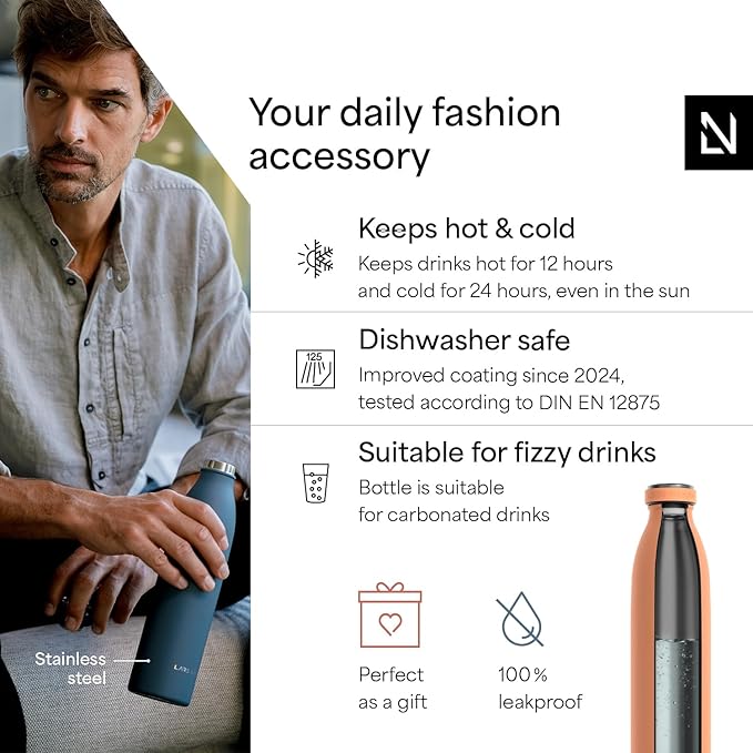 LARS NYSØM Stainless Steel Insulated Water Bottle 12 oz 17 oz 25 oz 34 oz 51 oz | Insulated Thermo Flask for Hot and Cold Beverages | Leakproof Drinking Bottle (Pumpkin Orange, 33.8 oz)