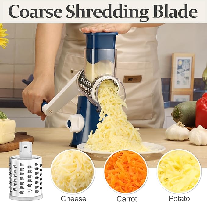 Cambom Rotary Cheese Grater Hand Crank Cheese Shredder for Fresh Cheese, Vegetable, Nuts, Non-slip Suction Base,Five Blades, Deep Blue